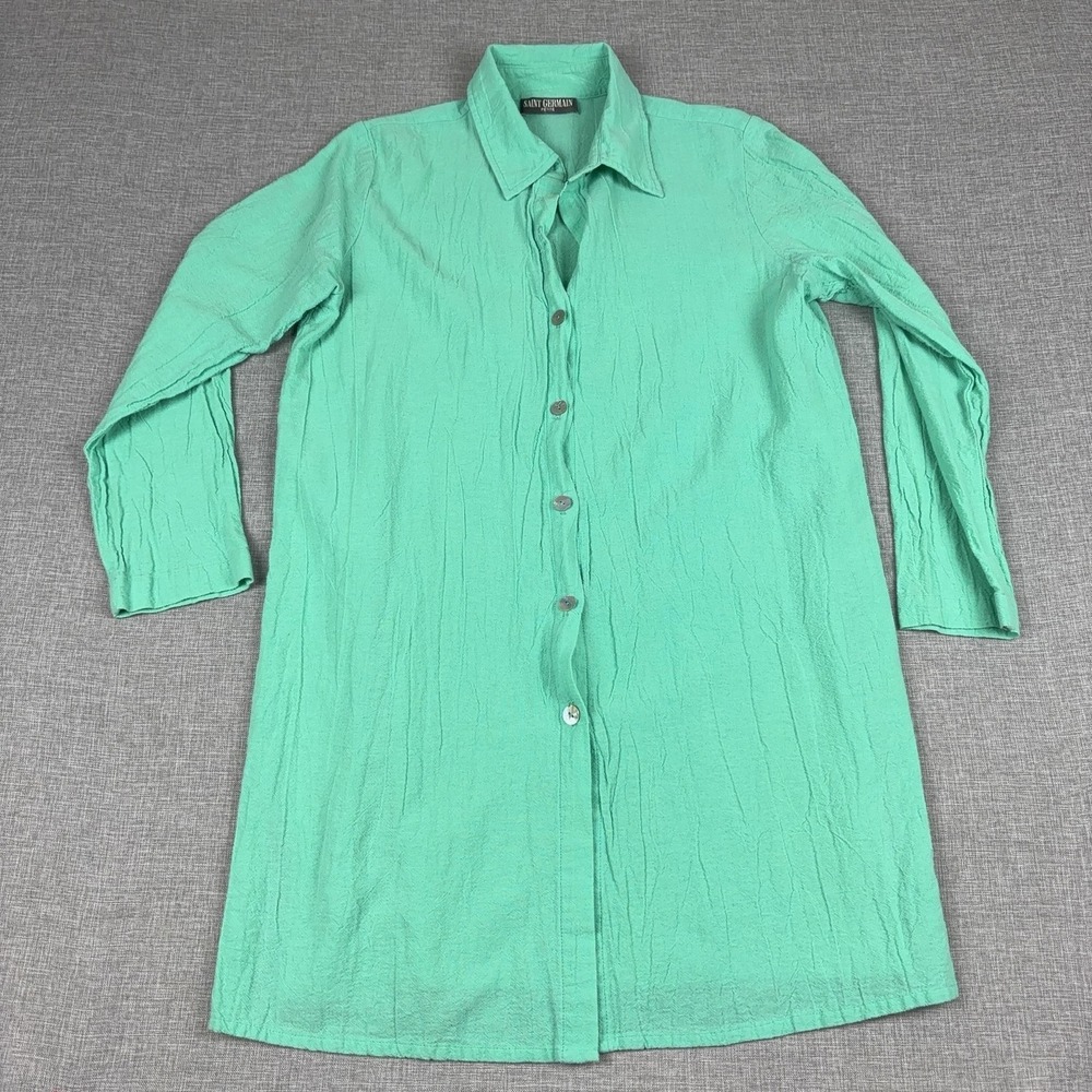 Saint Germain Shirt Dress Womens M Petite Green 3/4 Sleeve Missing Button VTG